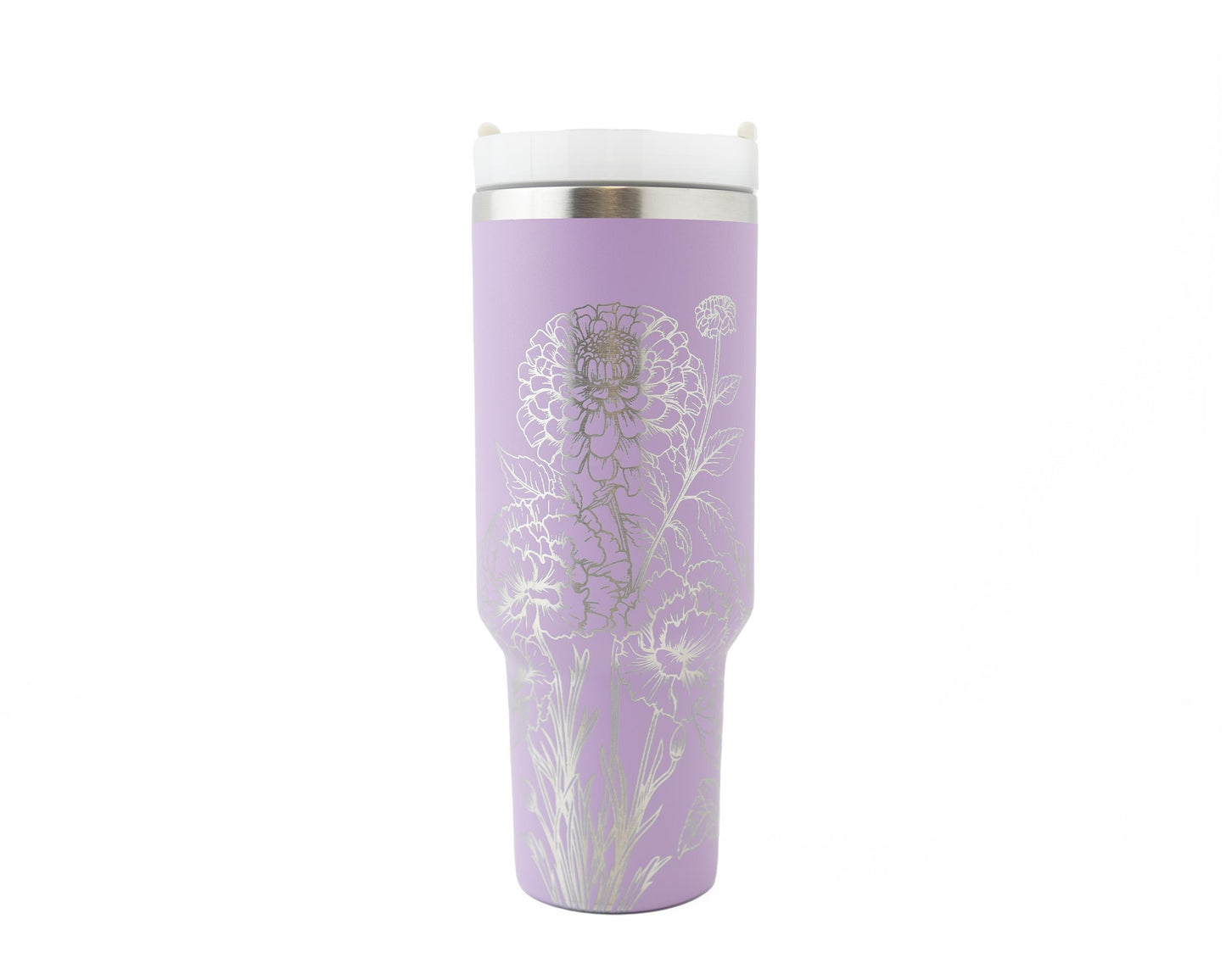 40oz Tumbler with Handle Laser Engraved with Zinnias & Carnations