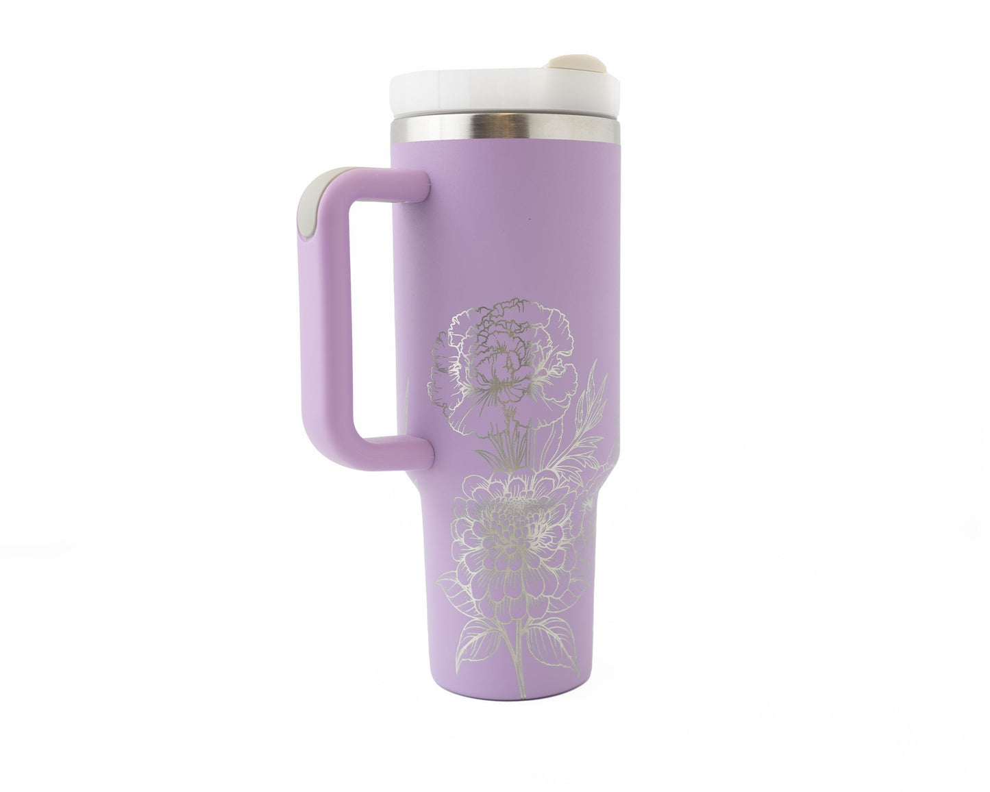 40oz Tumbler with Handle Laser Engraved with Zinnias & Carnations