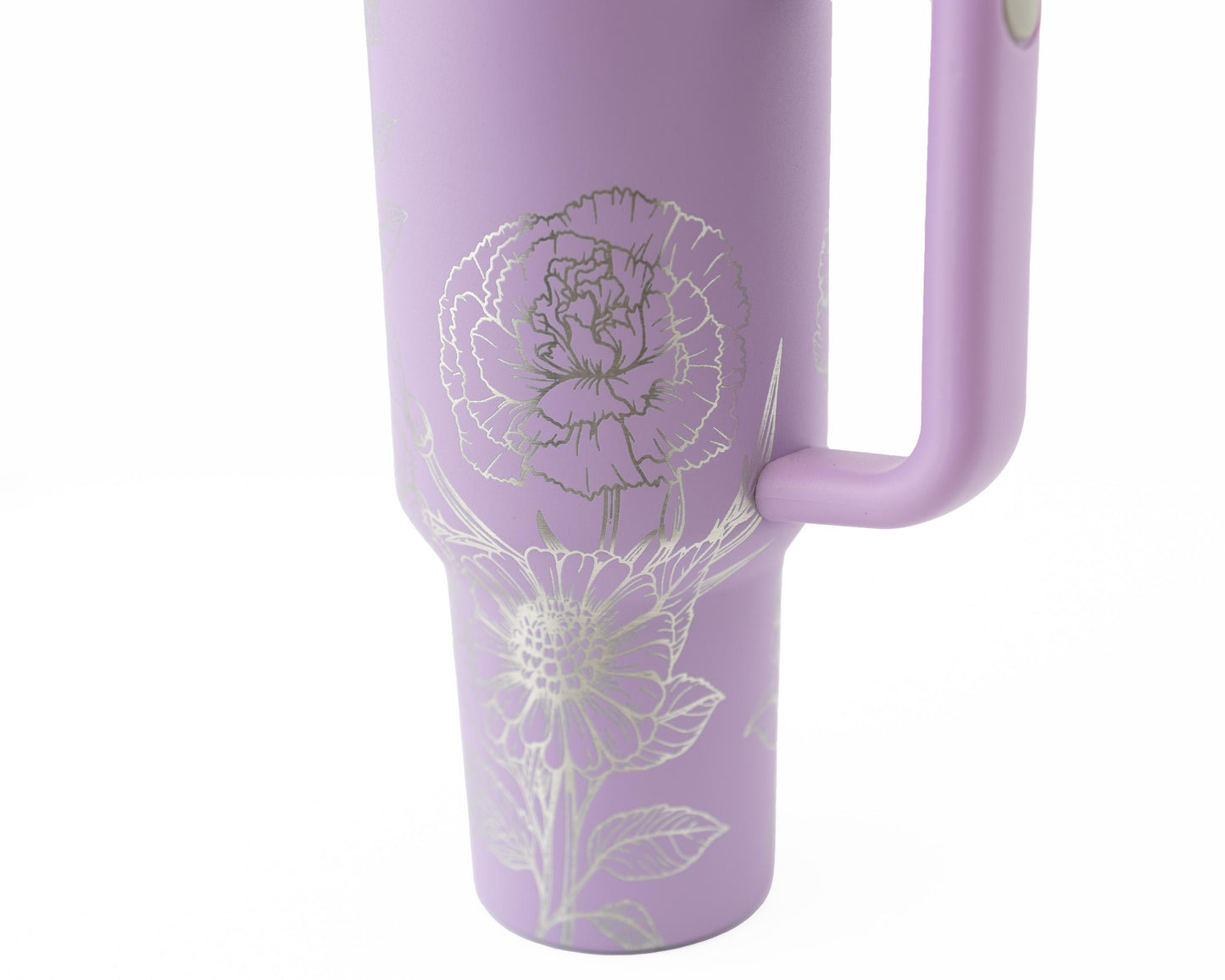 40oz Tumbler with Handle Laser Engraved with Zinnias & Carnations