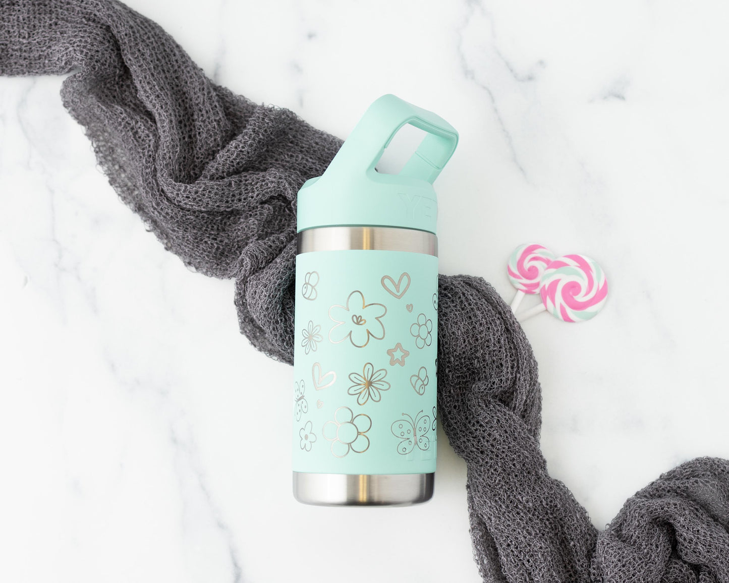 Custom Yeti Rambler Jr. 12oz Kids Water Bottle Laser engraved with Flowers & Butterflies Wrap and Personalized Name