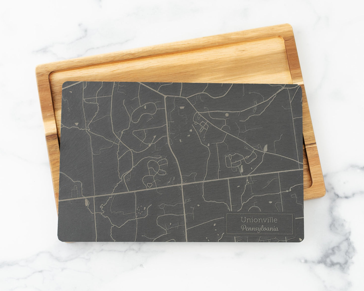 Custom Map Slate & Acacia Wood Serving Board – Personalized City, Lake, or Landmark Engraving