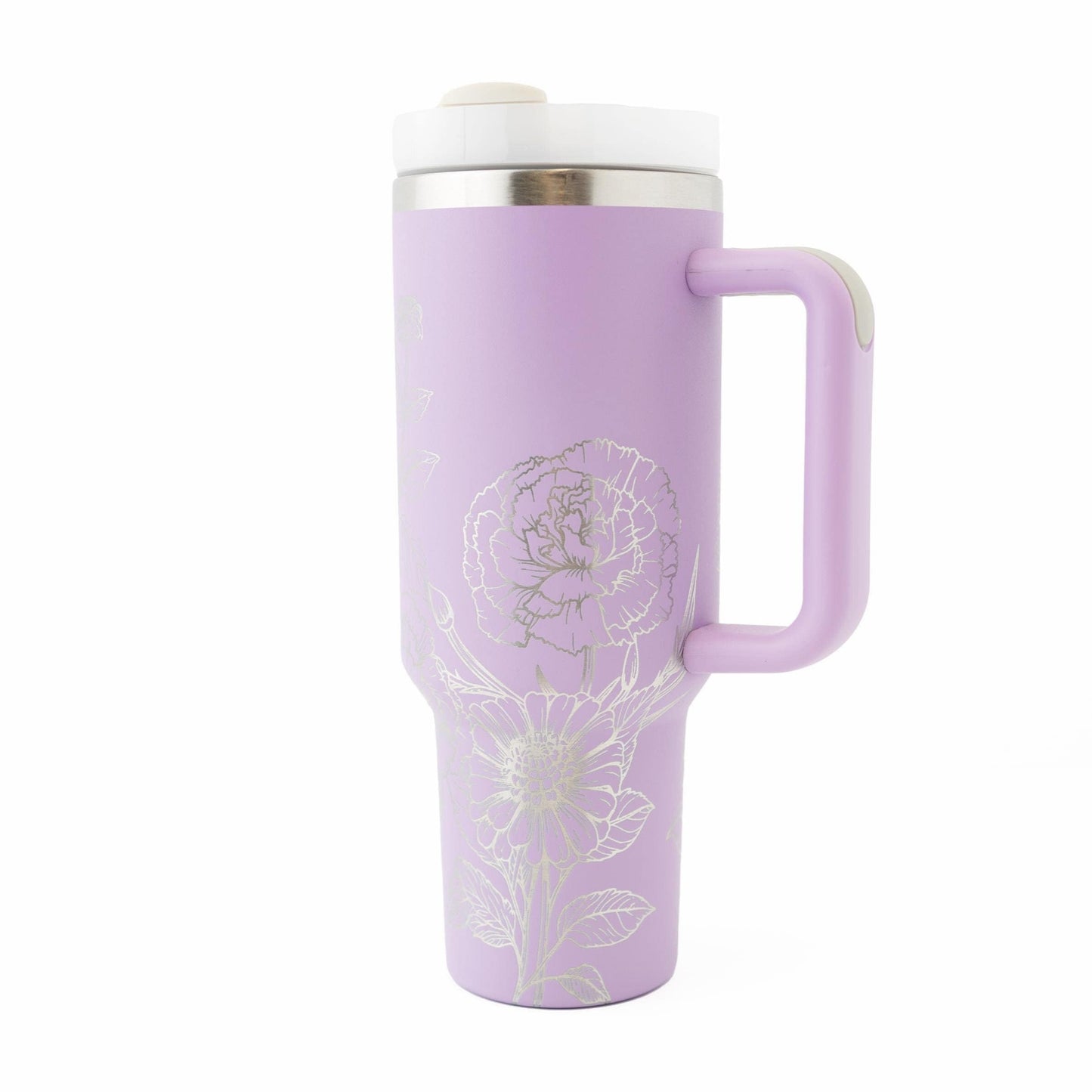 40oz Tumbler with Handle Laser Engraved with Zinnias & Carnations