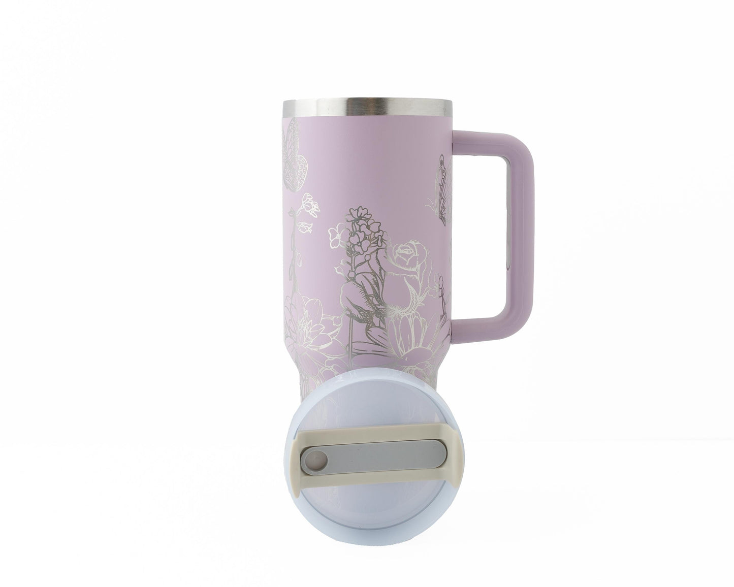 40oz Tumbler with Handle & Straw Laser Engraved with Flowers & Butterflies