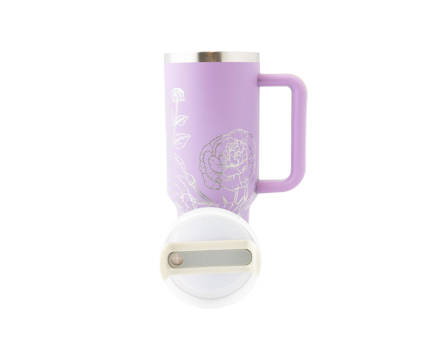 40oz Tumbler with Handle Laser Engraved with Zinnias & Carnations