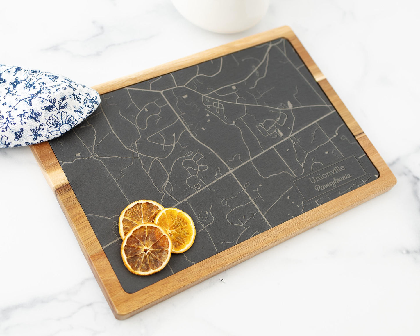 Custom Map Slate & Acacia Wood Serving Board – Personalized City, Lake, or Landmark Engraving