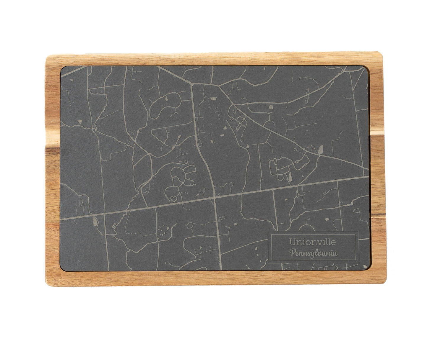 Custom Map Slate & Acacia Wood Serving Board – Personalized City, Lake, or Landmark Engraving