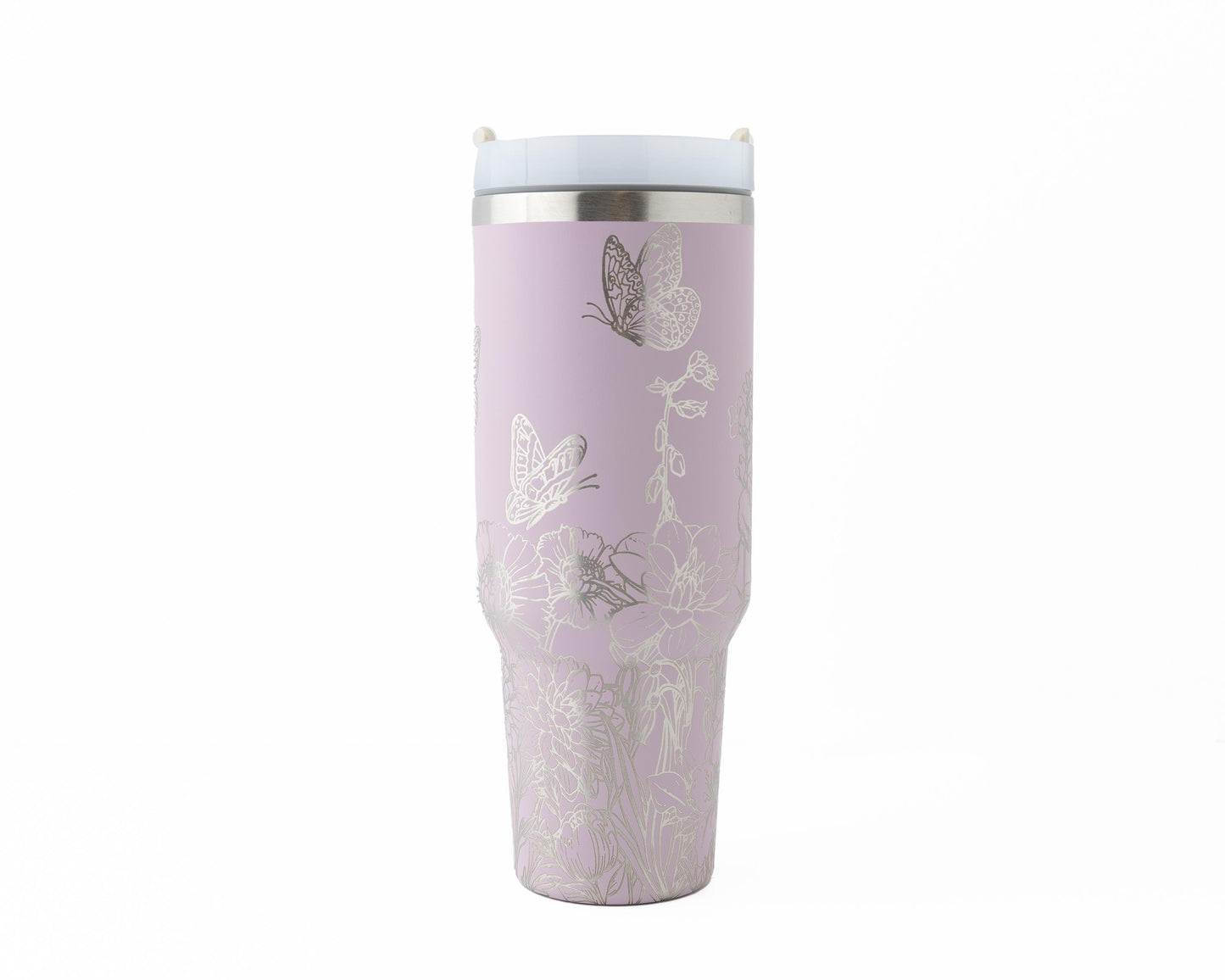 40oz Tumbler with Handle & Straw Laser Engraved with Flowers & Butterflies