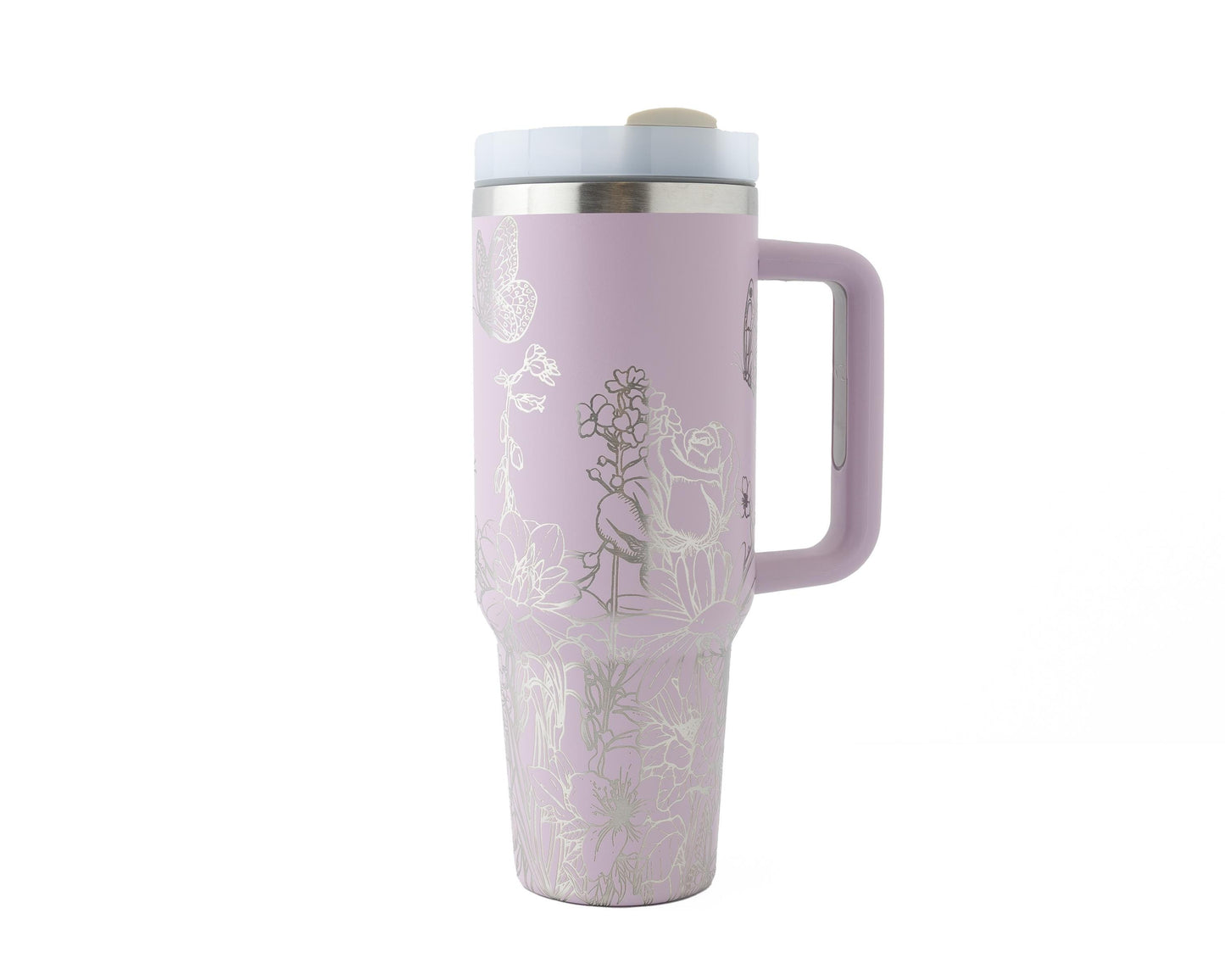 40oz Tumbler with Handle & Straw Laser Engraved with Flowers & Butterflies