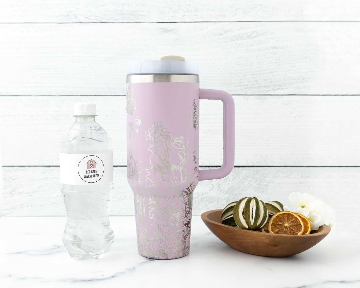 40oz Tumbler with Handle & Straw Laser Engraved with Flowers & Butterflies