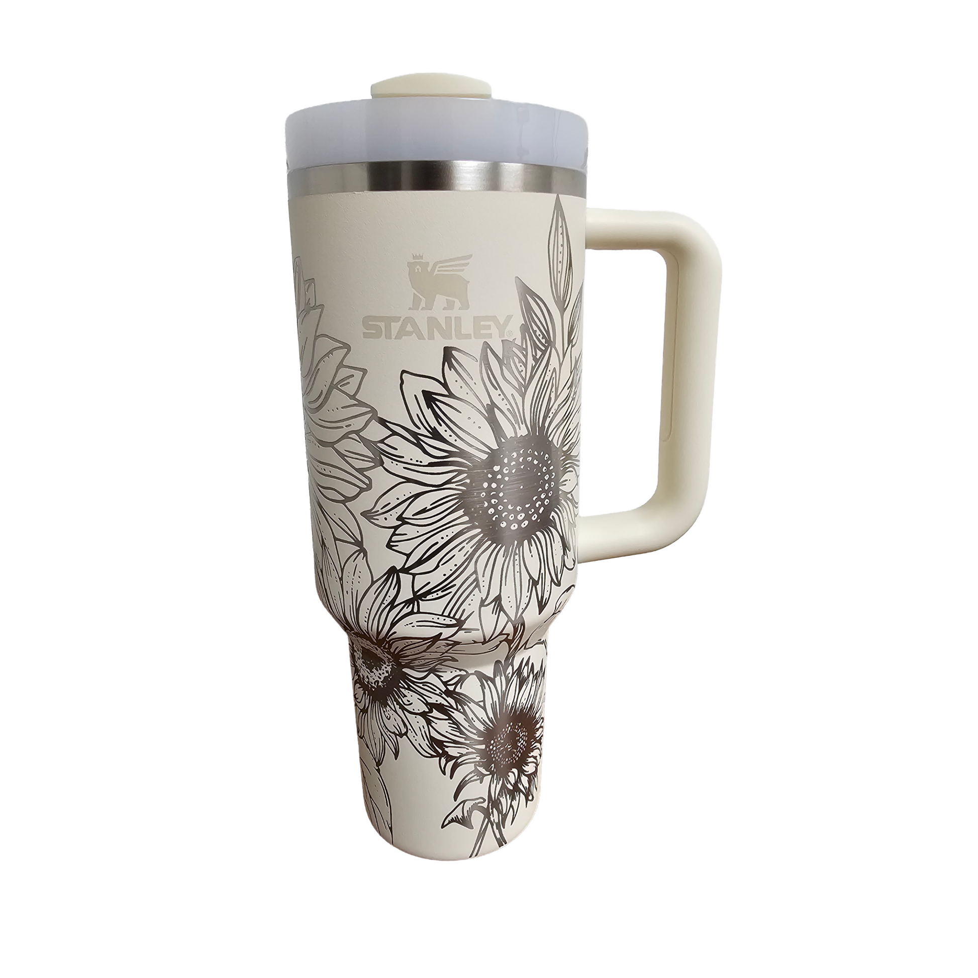 Sunflower wrap laser engraved 40oz cream Stanley tumbler displayed on a white background.