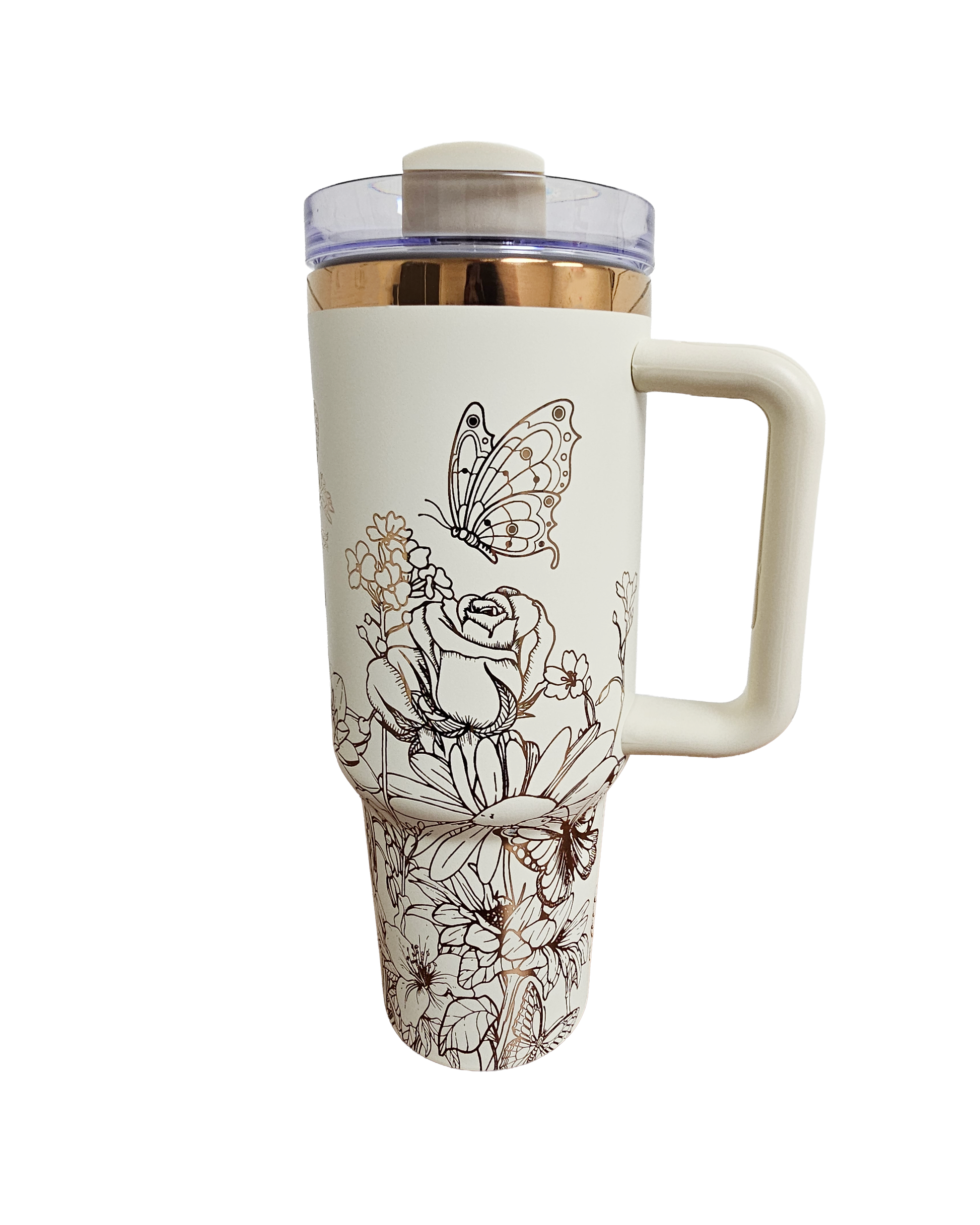 Cream and copper tumbler with floral and butterfly design on a white background