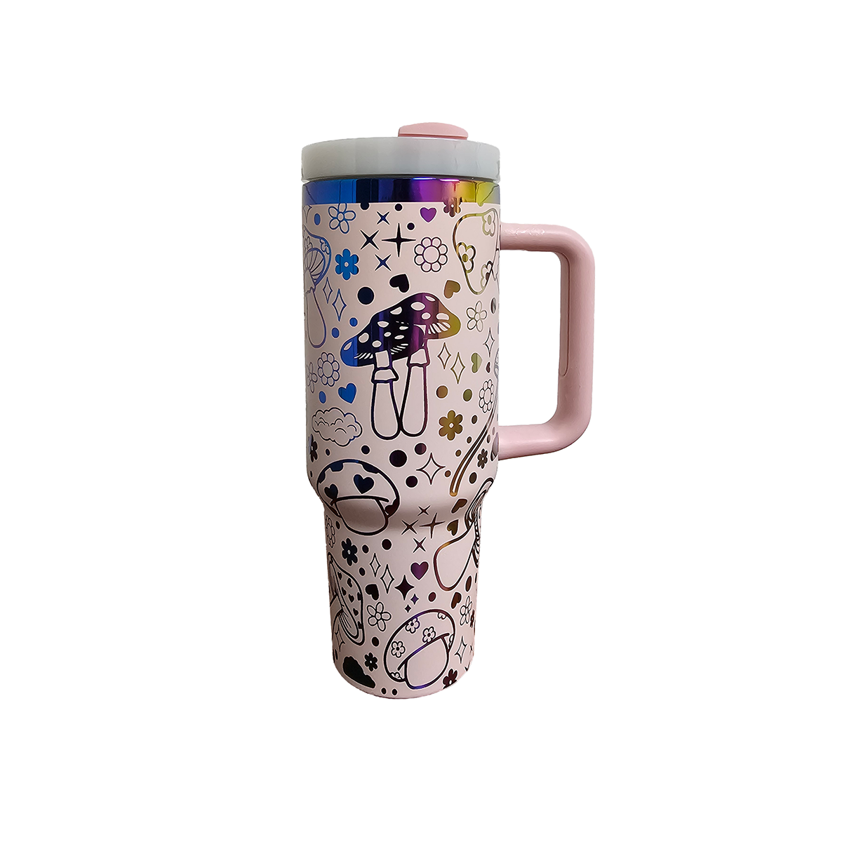 40oz tumbler in pink and rainbow with magic mushroom wrap design. back view. Displayed on a white background.