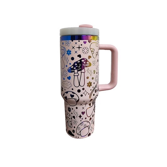 40oz tumbler in pink and rainbow with magic mushroom wrap design. back view. Displayed on a white background.