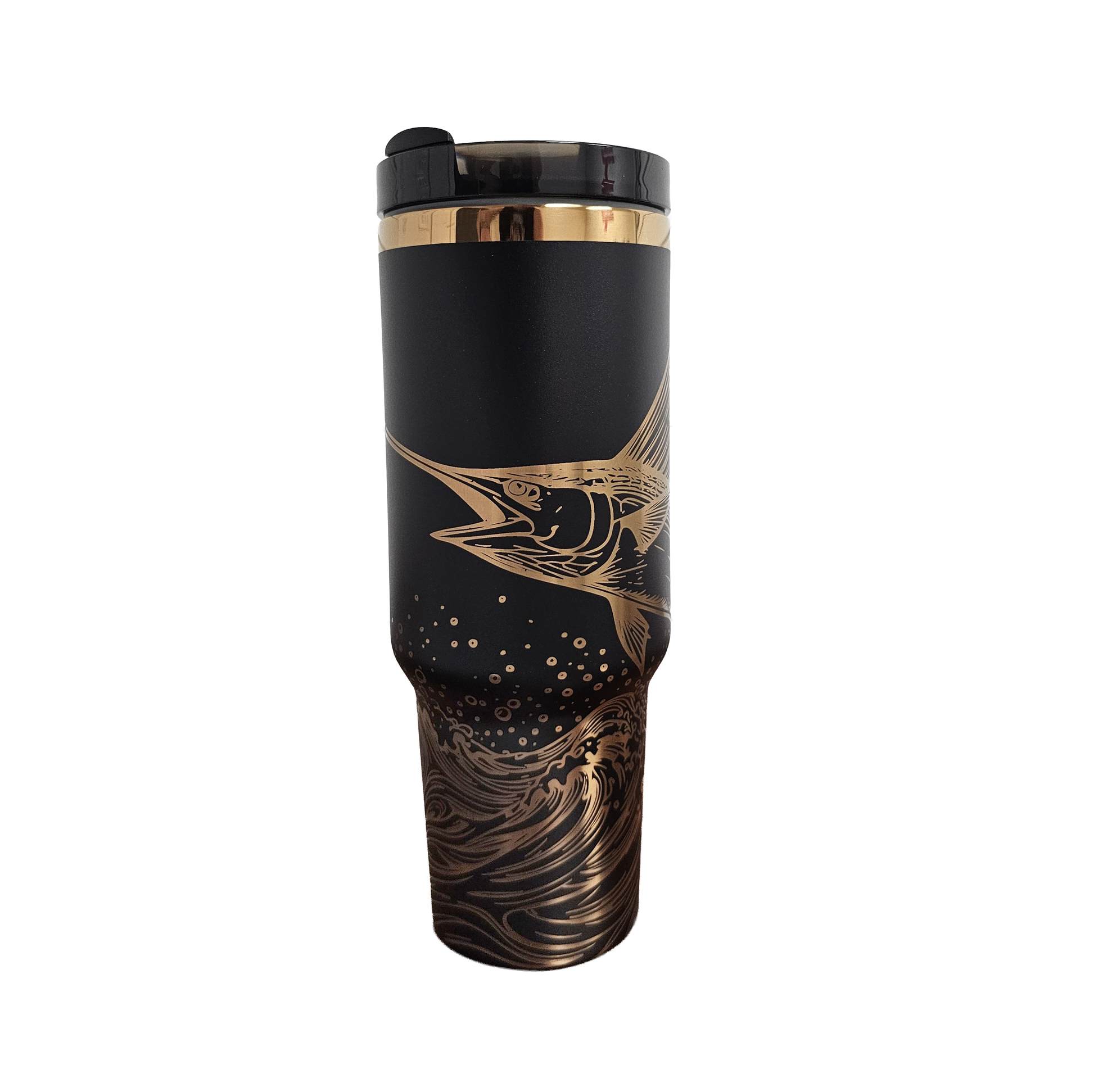 Laser engraved black and copper 40oz stainless steel tumbler with white marlin leaping out of the ocean.