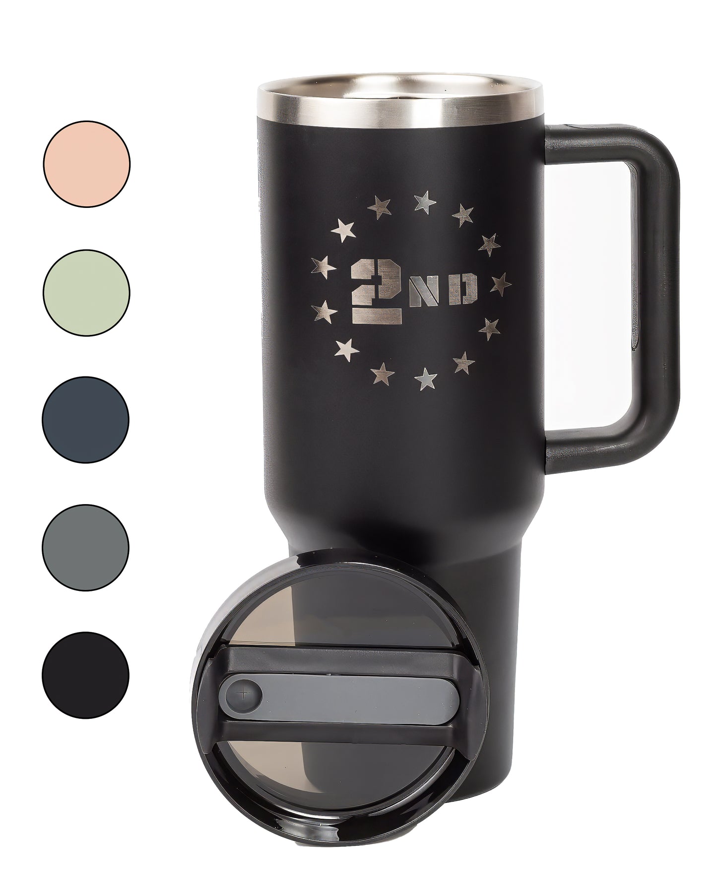 40oz tumbler in black with a 2nd Amendment design surrounded by stars. Shown with dots representing cup colors.