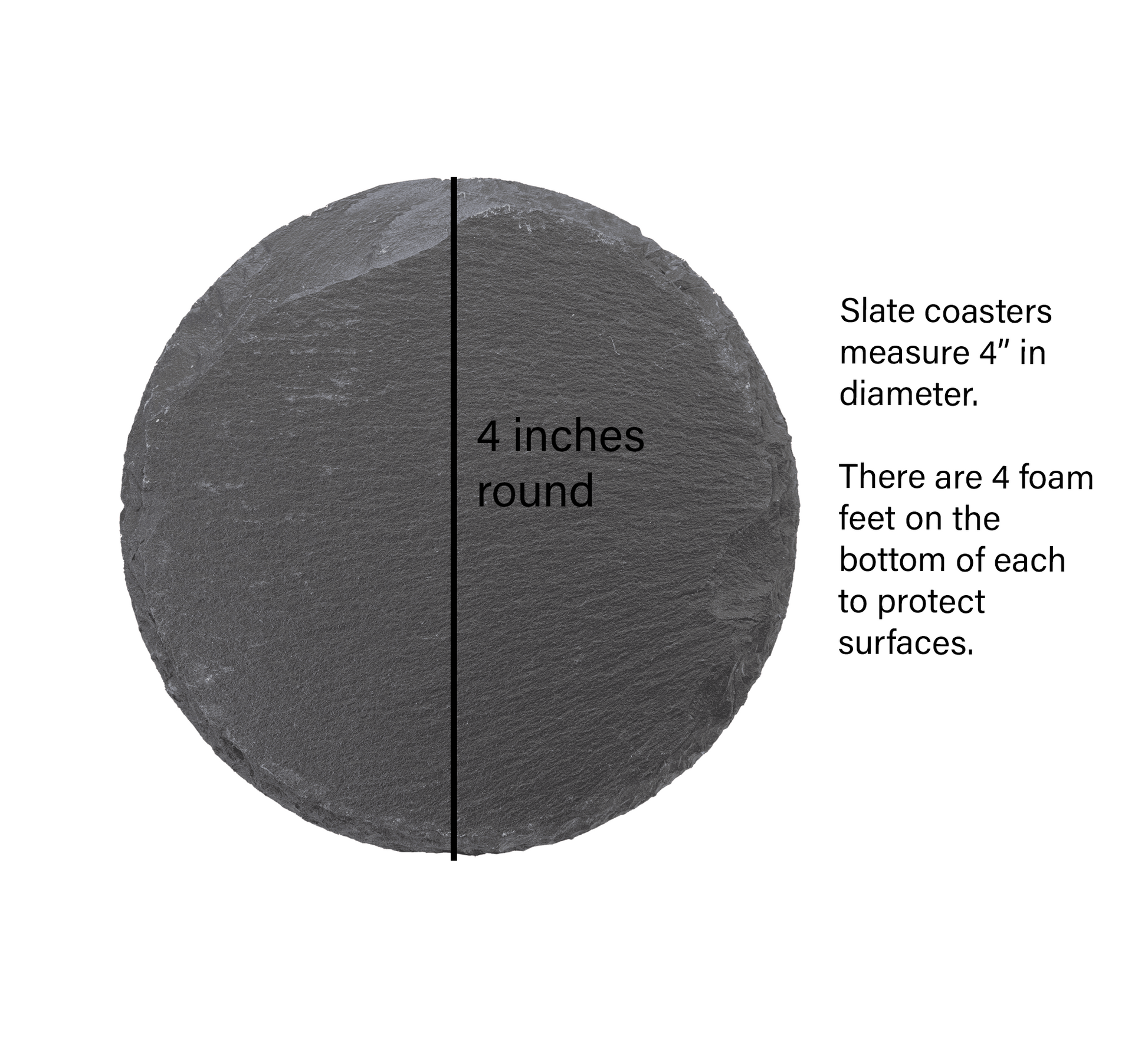 Slate coaster with dimensions and features on a white background