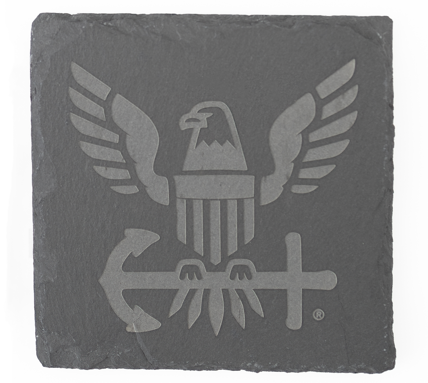 Slate coaster with engraved eagle and anchor design on a white background