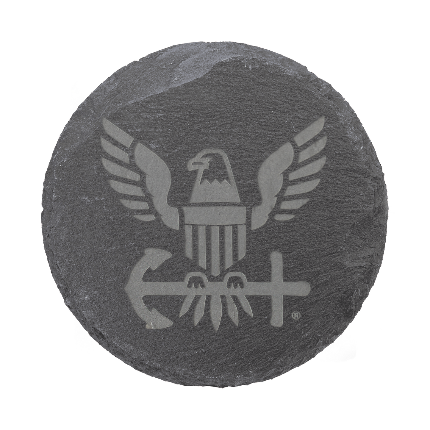 Round slate stone with engraved eagle design on a white background