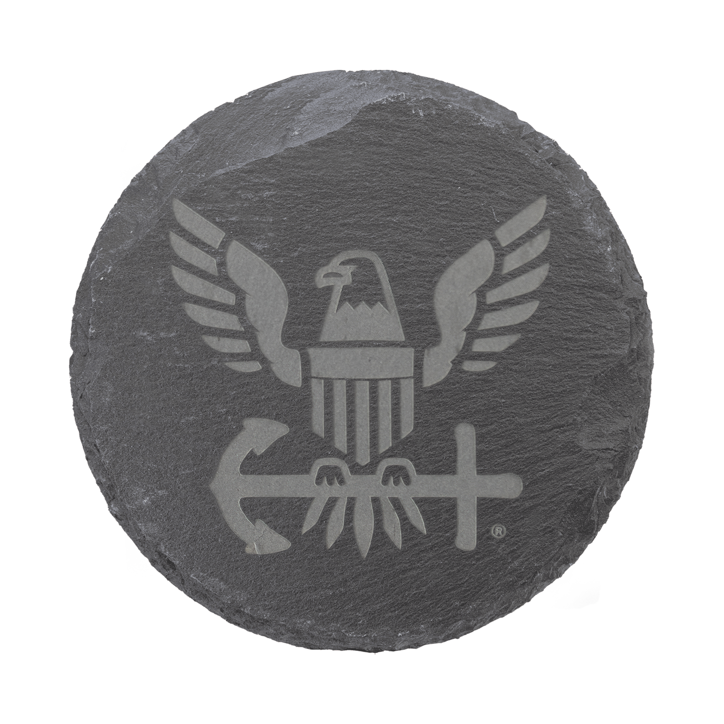 Round slate stone with engraved eagle design on a white background