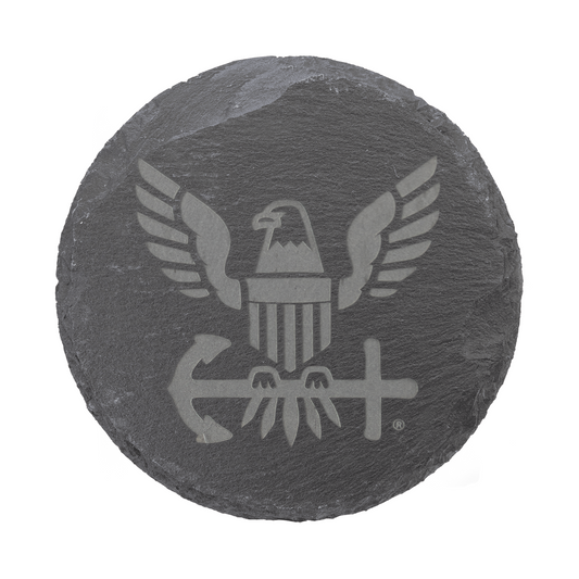 Round slate stone with engraved eagle design on a white background