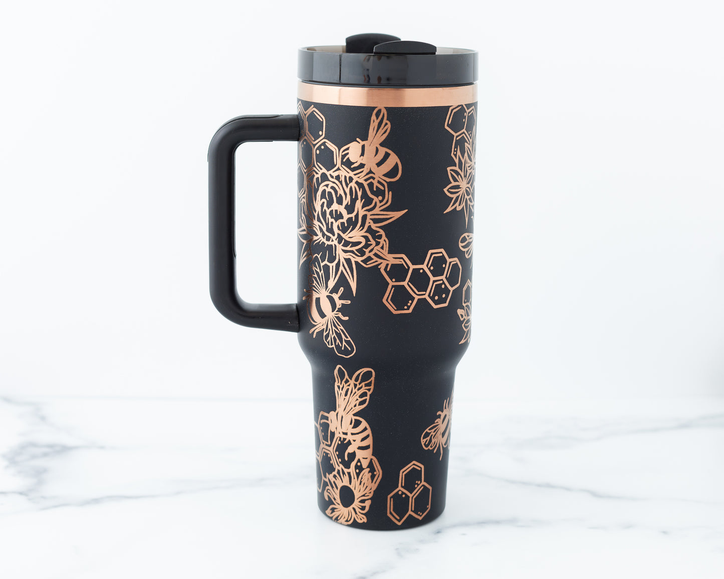 40oz Black or Cream Tumbler with Handle Laser Engraved with Bumble Bee and Honeycomb Design