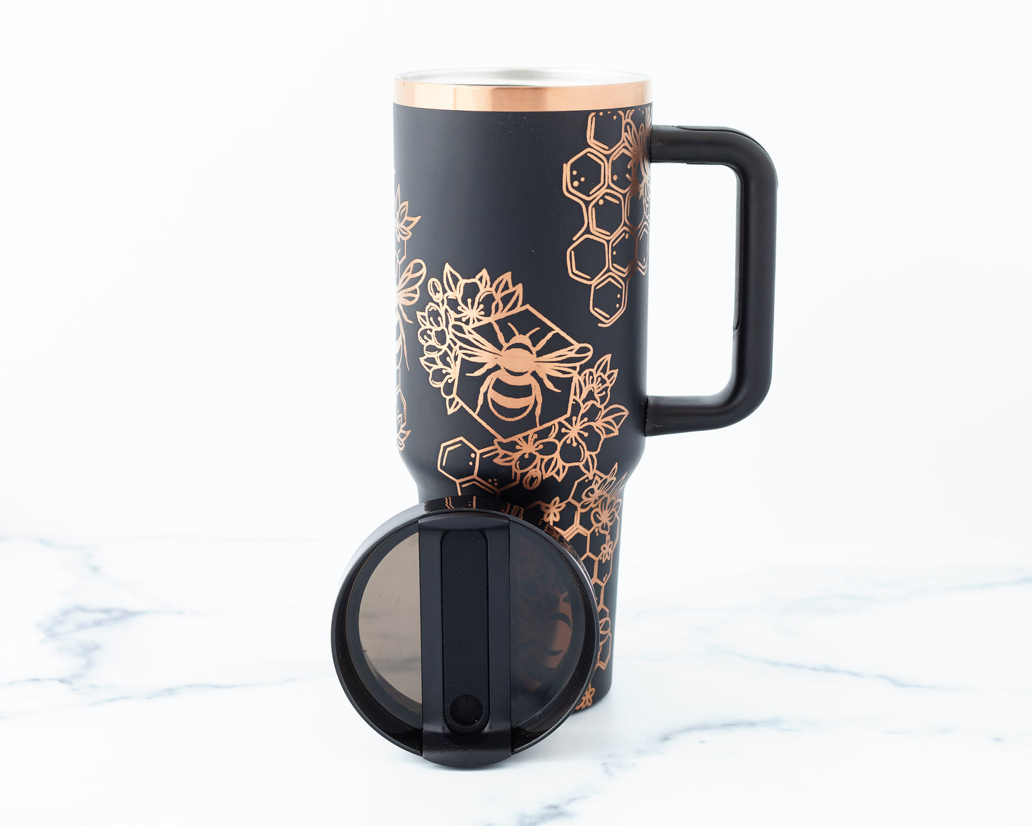 40oz Black or Cream Tumbler with Handle Laser Engraved with Bumble Bee and Honeycomb Design