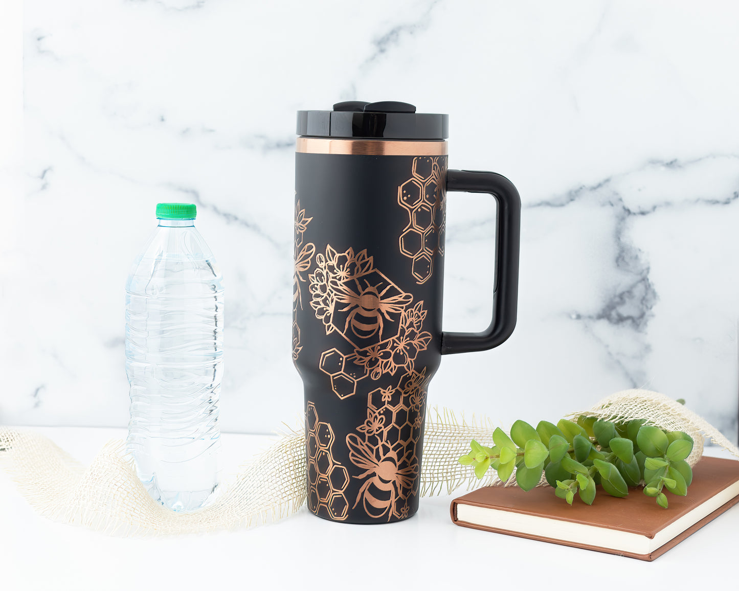40oz Black or Cream Tumbler with Handle Laser Engraved with Bumble Bee and Honeycomb Design