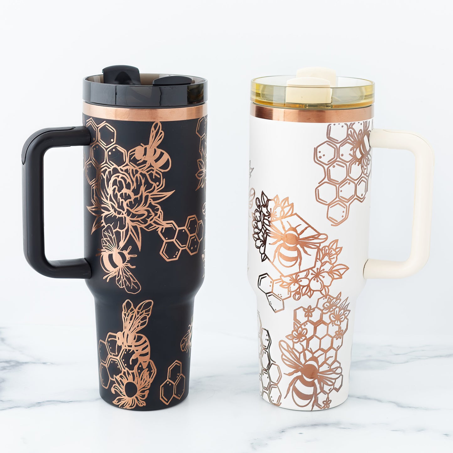 40oz Black or Cream Tumbler with Handle Laser Engraved with Bumble Bee and Honeycomb Design