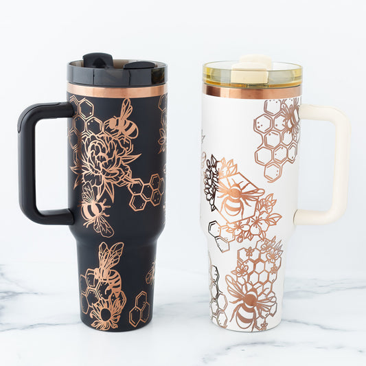 40oz Black or Cream Tumbler with Handle Laser Engraved with Bumble Bee and Honeycomb Design