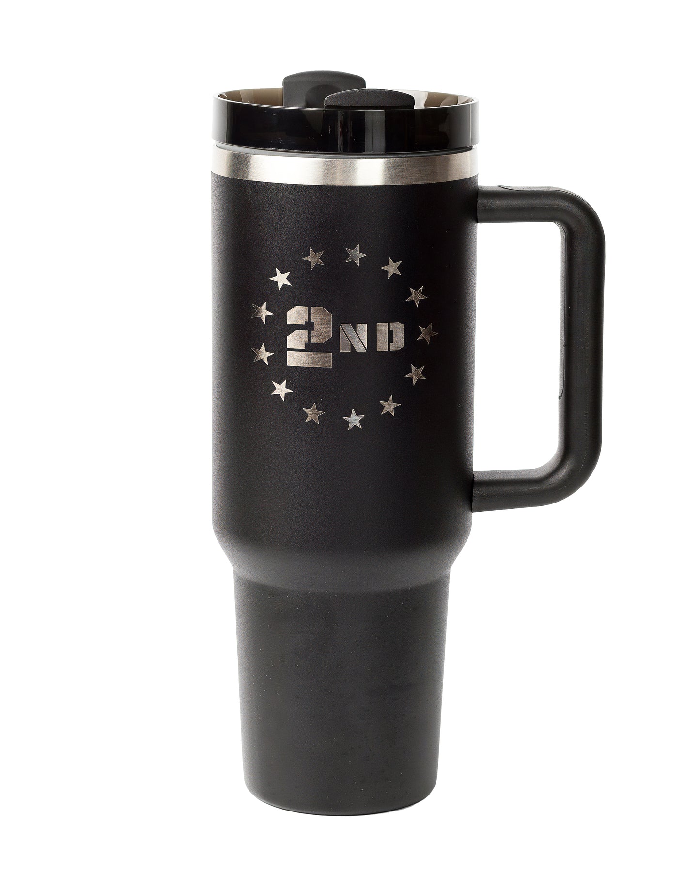 40oz tumbler in black with a 2nd Amendment design surrounded by stars.