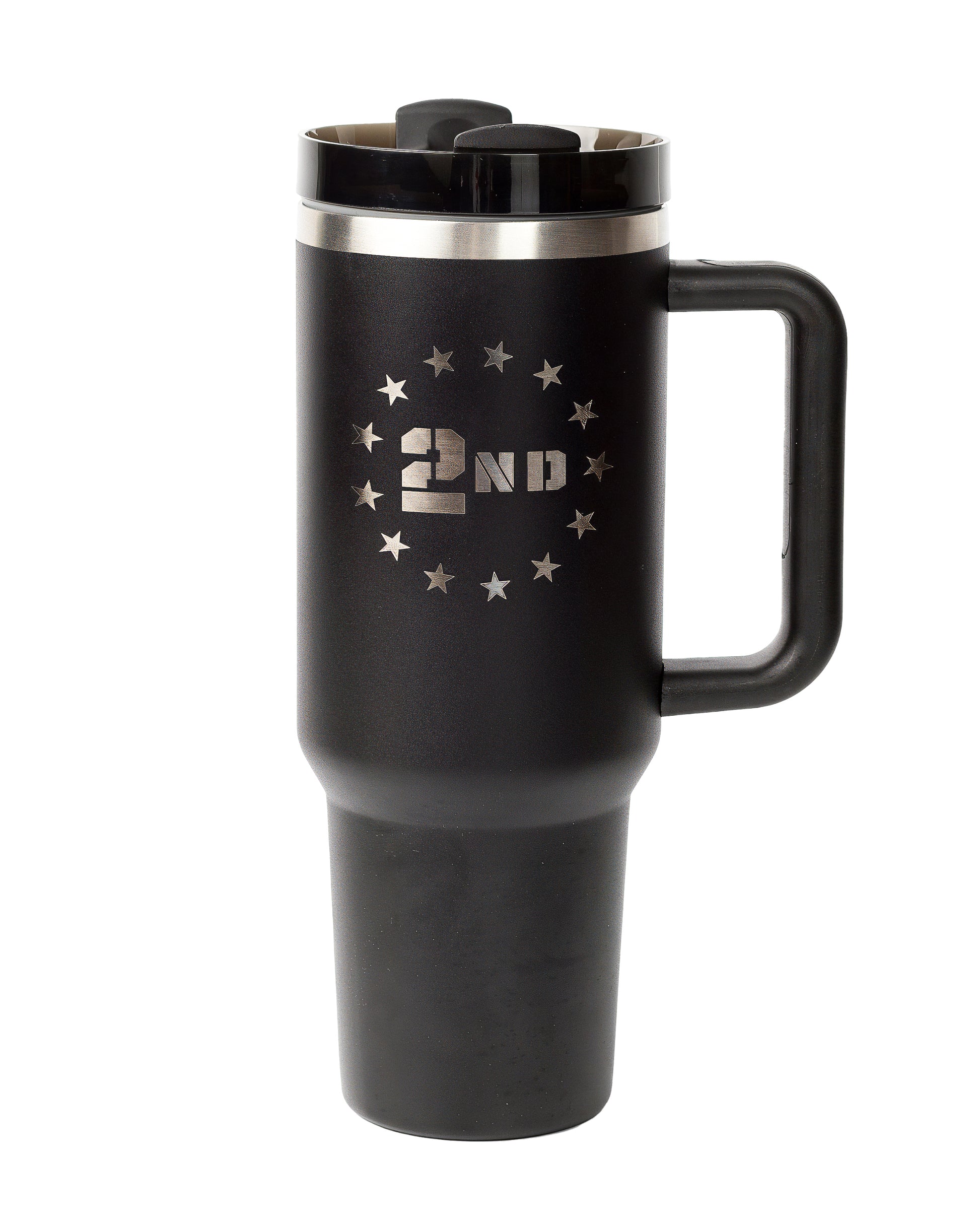 40oz tumbler in black with a 2nd Amendment design surrounded by stars.