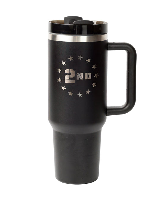 40oz tumbler in black with a 2nd Amendment design surrounded by stars.