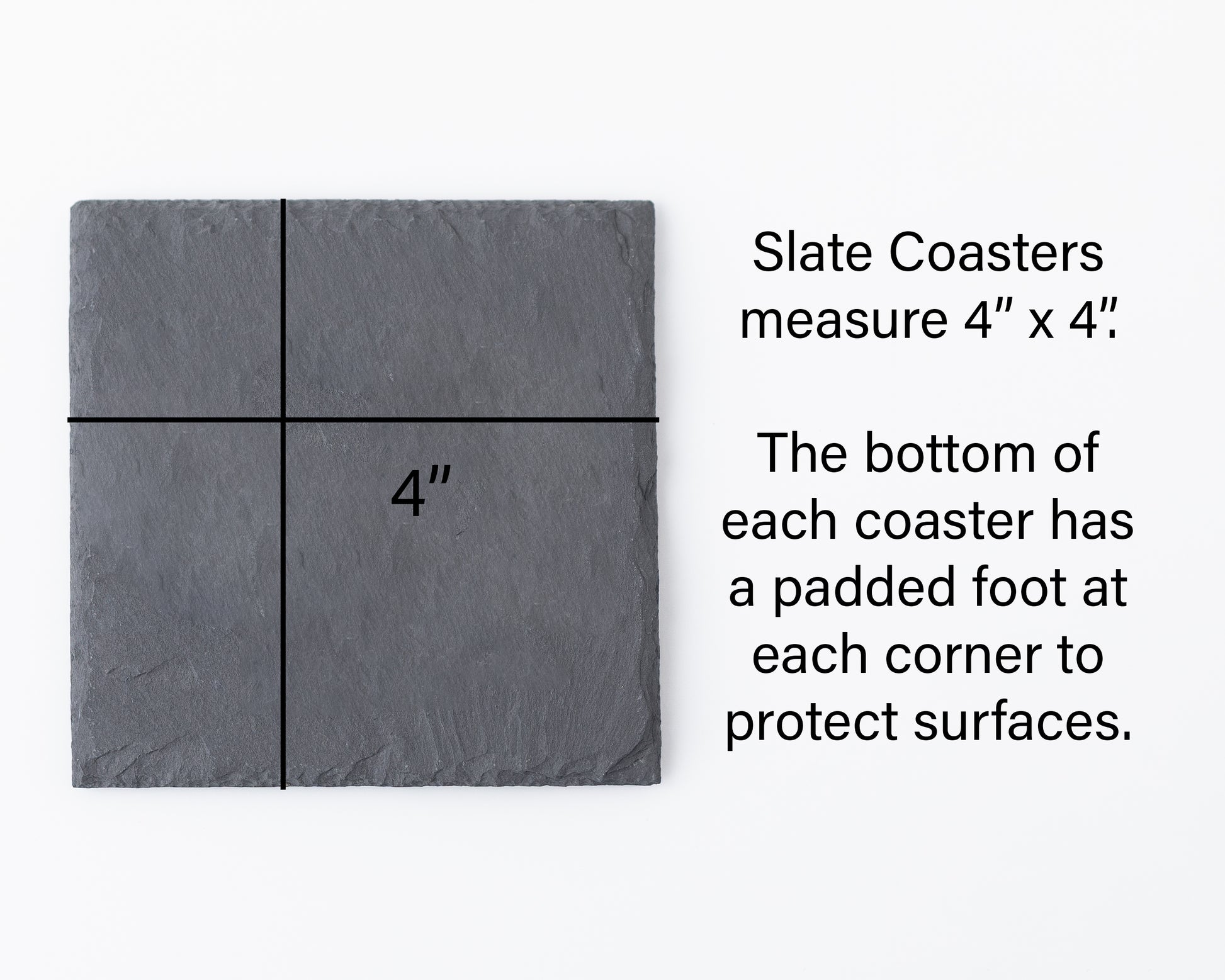 Slate coaster with dimensions and padding information on a white background