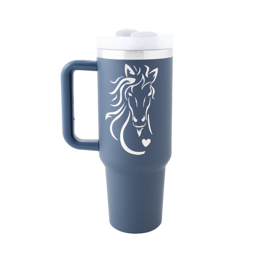 40oz Tumbler with Handle Laser Engraved with Horse and Heart Design