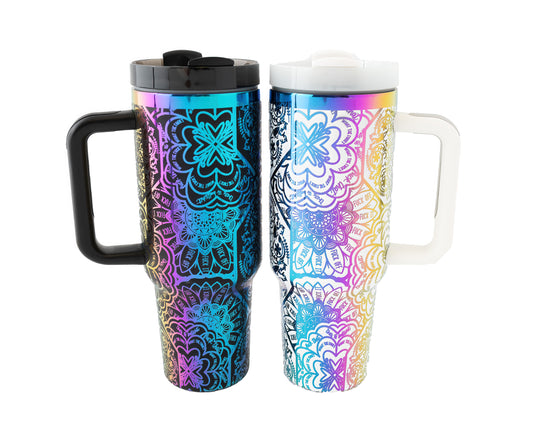 40oz Tumbler with Handle Laser Engraved with Mandala Hidden Swear Word (f*ck)