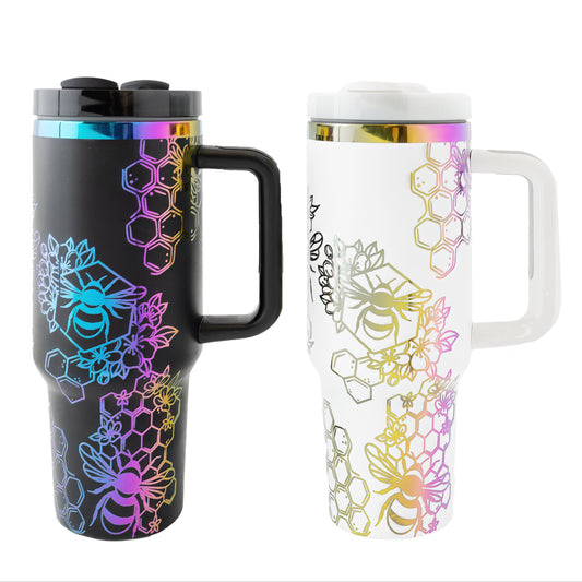 40oz Tumbler with Handle Laser Engraved with Bumble Bee and Honeycomb Design