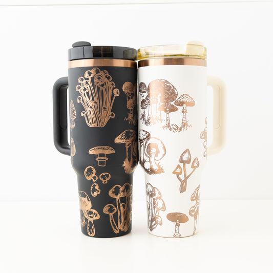 40oz Black or Cream Tumbler with Handle Laser Engraved with Mushroom Design