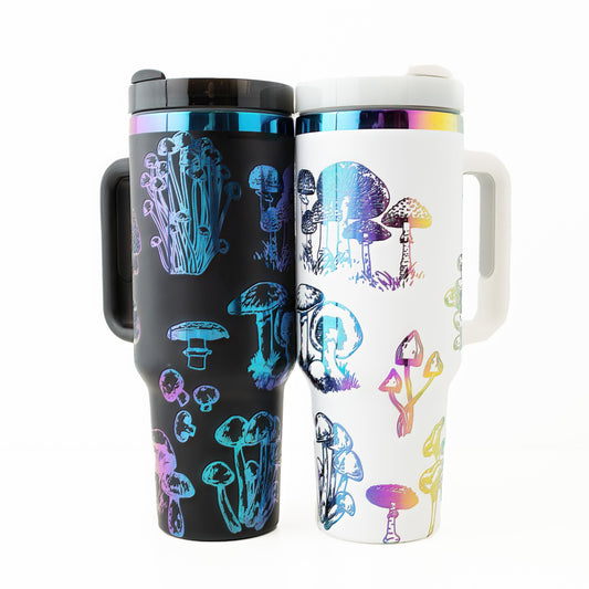 40oz Tumbler with Handle Laser Engraved with Mushroom Design