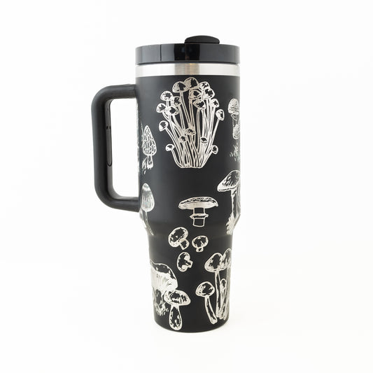 40oz Tumbler with Handle Laser Engraved with Mushroom Design