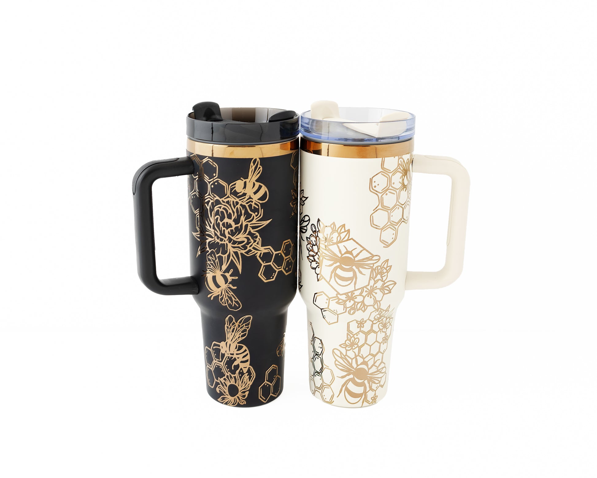 Laser engraved black and cream and copper 40oz stainless steel tumbler with bumble bee and honeycomb design