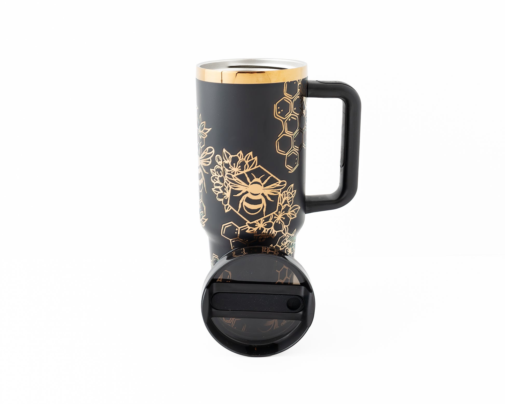 Laser engraved black and copper 40oz stainless steel tumbler with bumble bee and honeycomb design