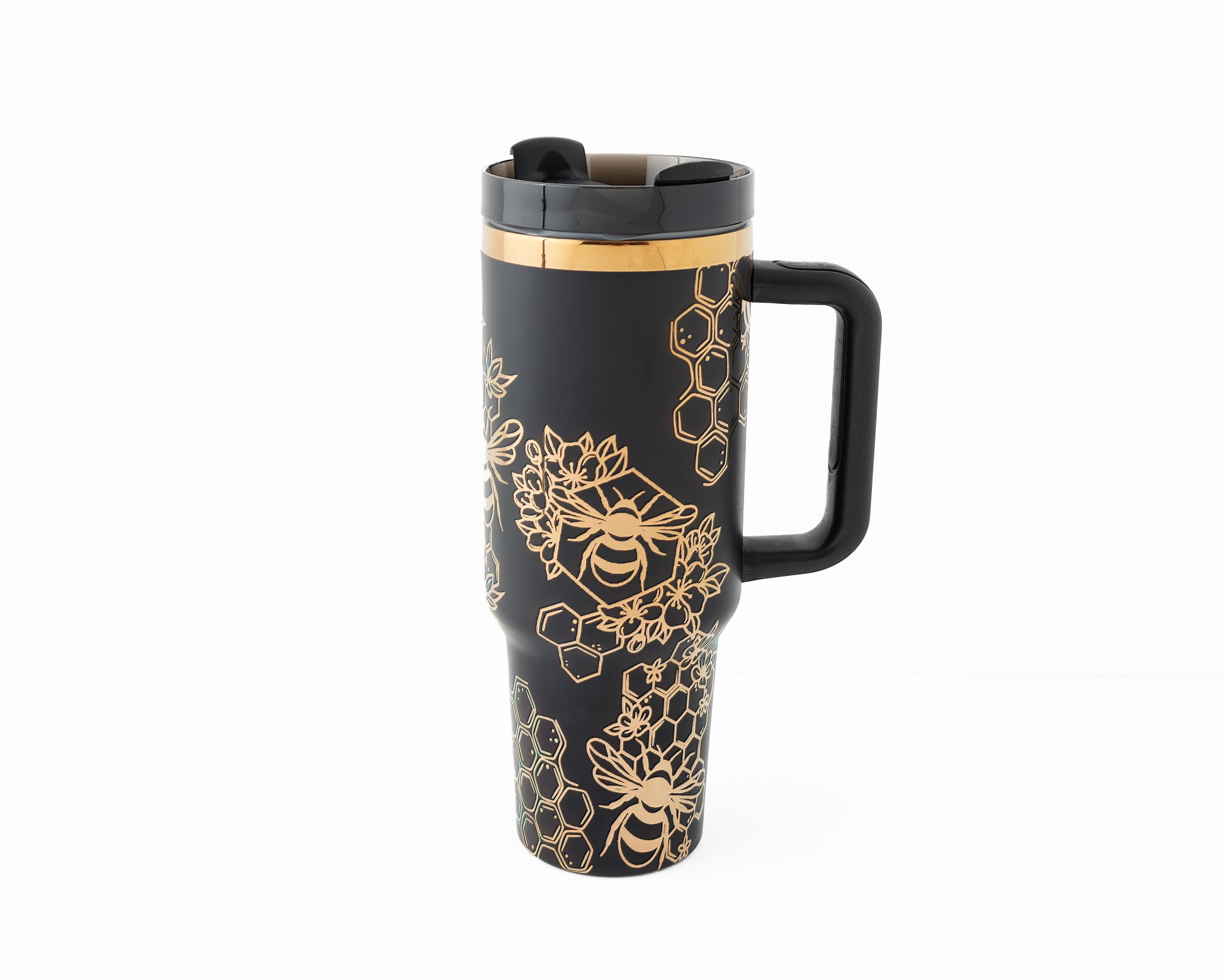 Laser engraved black and copper 40oz stainless steel tumbler with bumble bee and honeycomb design