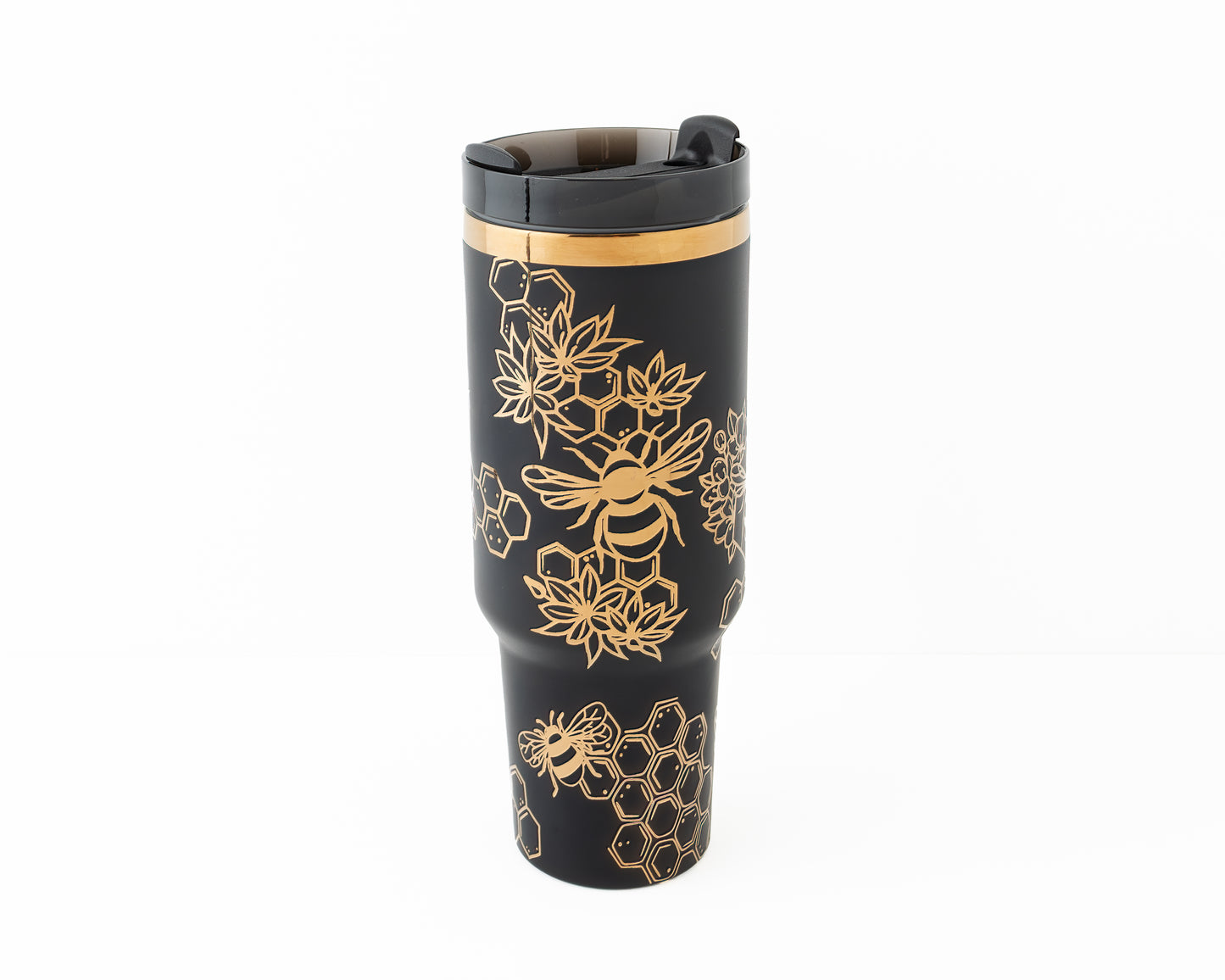 Laser engraved black and copper 40oz stainless steel tumbler with bumble bee and honeycomb design