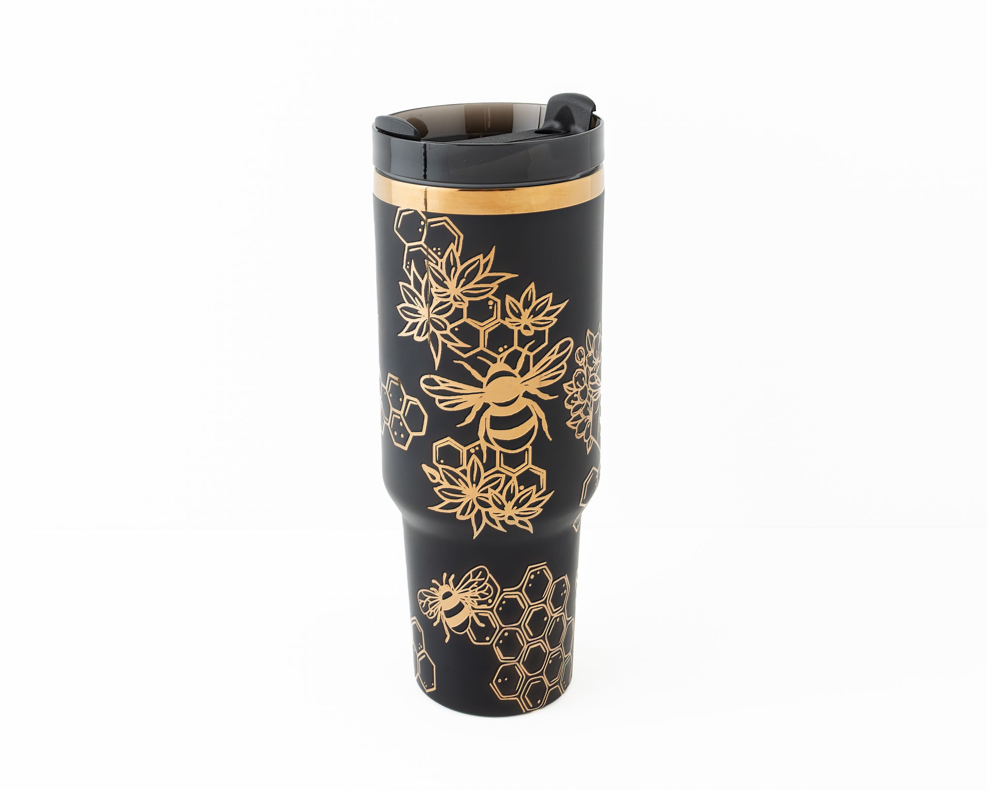Laser engraved black and copper 40oz stainless steel tumbler with bumble bee and honeycomb design