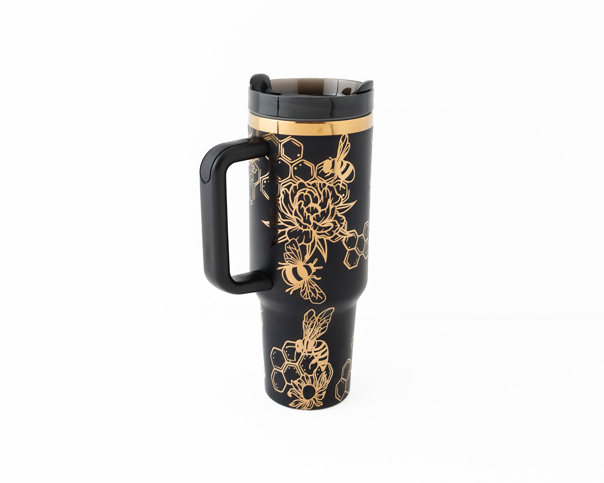 Laser engraved black and copper 40oz stainless steel tumbler with bumble bee and honeycomb design