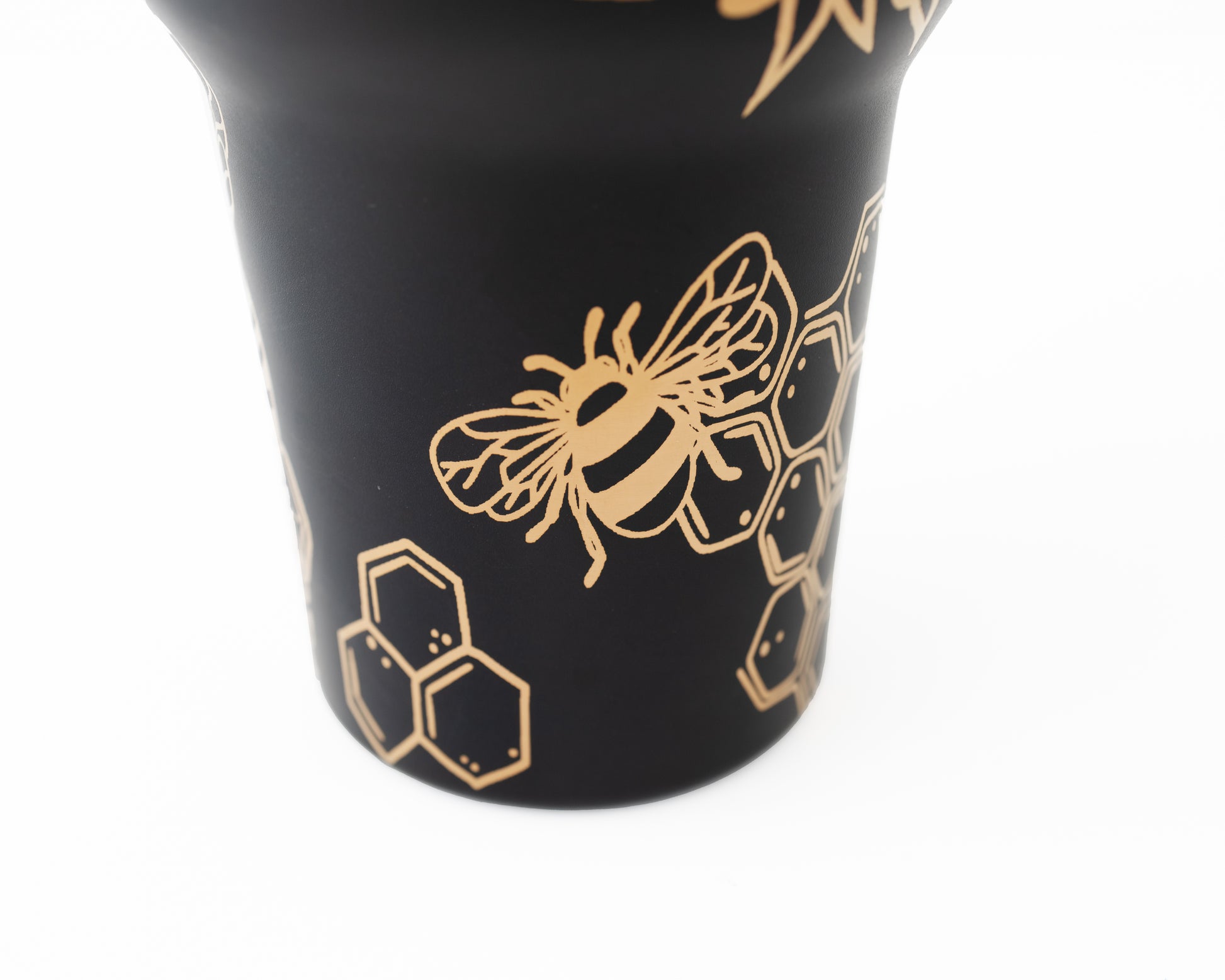 Laser engraved black and copper 40oz stainless steel tumbler with bumble bee and honeycomb design