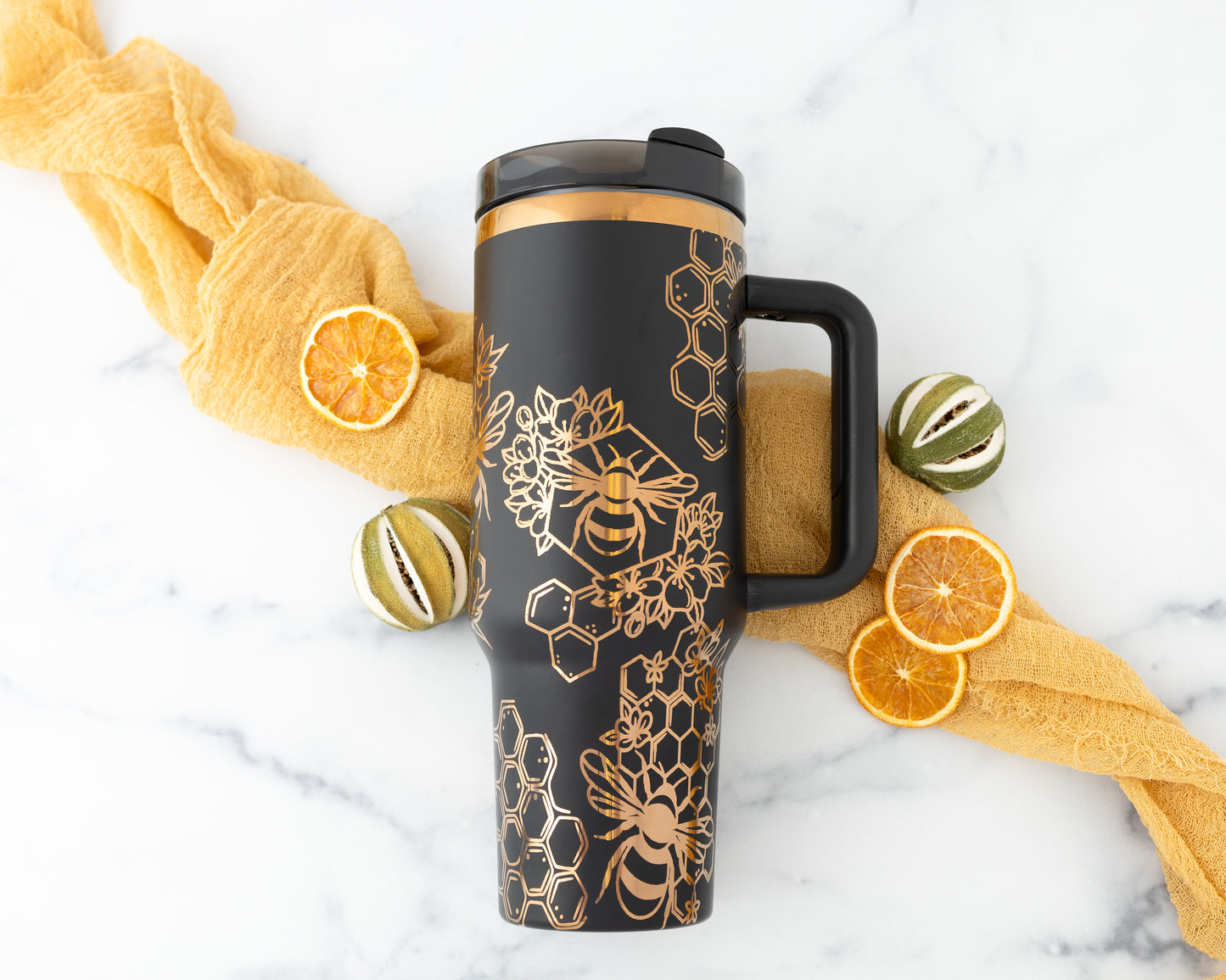 Laser engraved black and copper 40oz stainless steel tumbler with bumble bee and honeycomb design