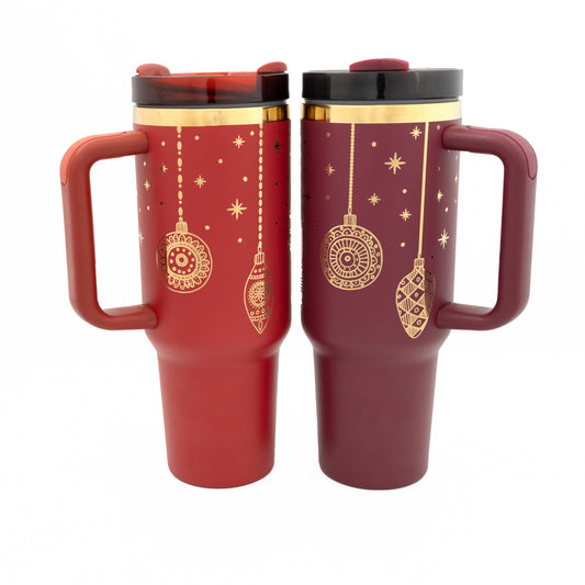 40oz Cranberry or Cherry Tumbler with Handle Laser Engraved with Holiday Ornament Design
