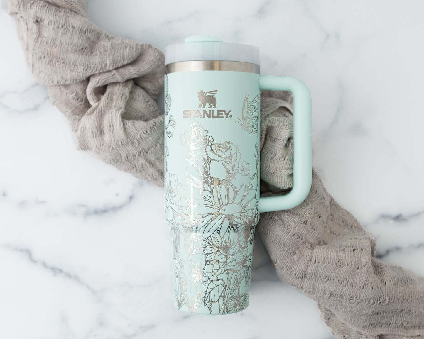 40oz Stanley Tumbler Laser Engraved with Flowers & Butterflies