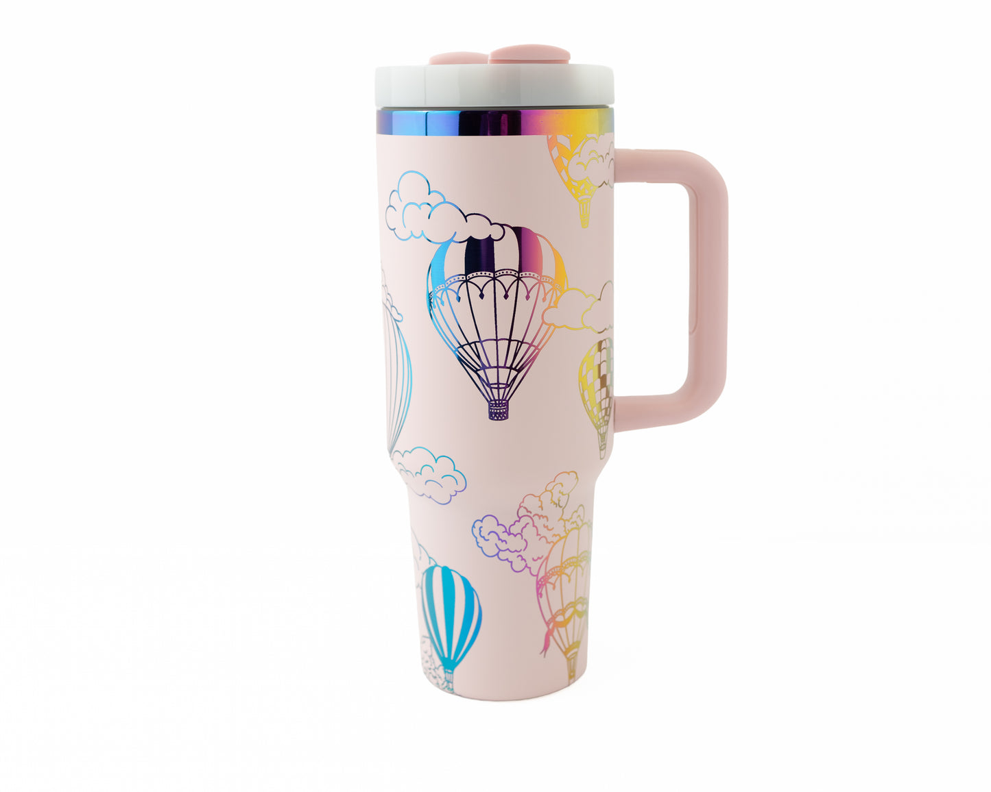 Laser engraved pink and rainbow 40oz stainless steel tumbler with hot air balloon and cloud design